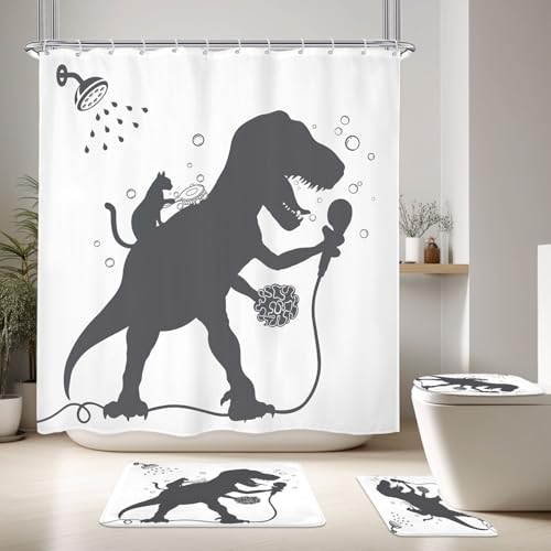 Image of 4PCS Kids Funny Dinosaur 71Wx71H Inches Boys Men Dino Cat Animal Shadow Shower Curtain Sets with Rugs, Toilet Lid Cover and Bath Mat, Cute Bath Accessories Art Home Decor Fabric 12 Pack Hooks