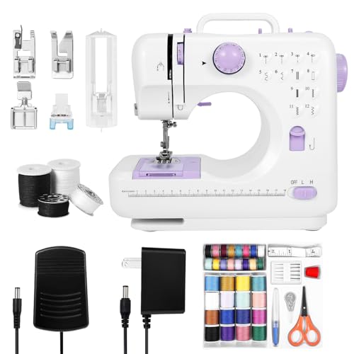 Mini Sewing Machine for Home Use, 12 Stitch Patterns, LED Light & Foot Pedal, 2-Speed Portable Electric Sewing Machine with 32 Spools Thread Kit for Beginners, Kids & Adults