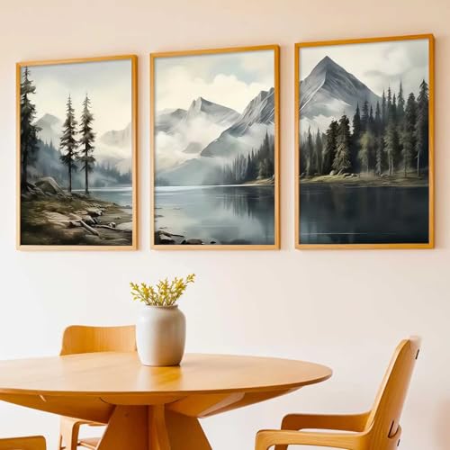 Image of kotart Big Aesthetic Mountains View Wall Art Paintings | River View Framed Painting | Nature Art Vastu Frames for Living Room Bedroom Wall Decor Set Of 3 (14x20 Inch)