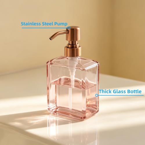 Image of Blush Pink Soap Dispenser Glass Rectangular, Copper Pump, 13.5 oz | Rust Proof Stainless Steel Pump, Refillable, Hand Soap, Liquild Soap, Dish Soap, Bathroom, Kitchen