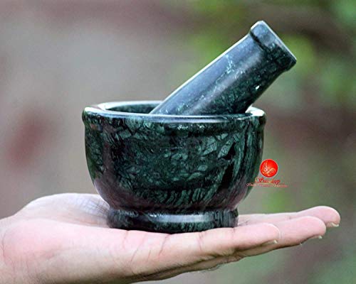 Image of Saudeep India Green Marble Granite Imam Dasta, Mortar and Pestle Set, Ohkli Musal, Kundi, Kharal or khalbatta or Mixer and Grinder Set for Kitchen (Green, 4x3 Inchs)
