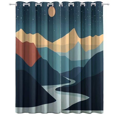 Azul Cortinas Opacas Impresión Montañas y ríos Abstractos Cortinas Oscurecidas De La Habitación con Grommet Top Aislamiento Térmico Cortina 117An x 138Al cm (2 Paneles)