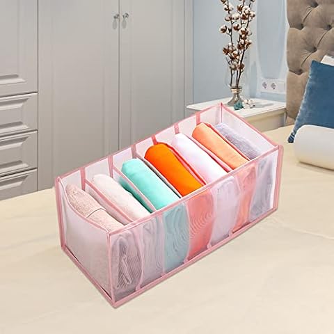 OEAK Clothes Drawer Organiser,Wardrobe Mesh Storage Box with Compartments, Foldable Divider Drawer for Baby Clothes, Leggings, T-shirt, Jeans(Pink,17x36x12cm(7 grids for leggings)) Cover