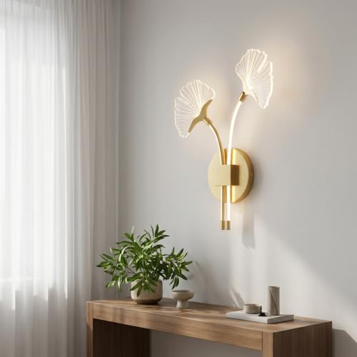 Image of Ginkgo Leaf LED Wall Light 3-Color CCT (Warm + Natural + Cold White) Metal & Acrylic Wall Lamp for Bedroom Living Room Home Decor
