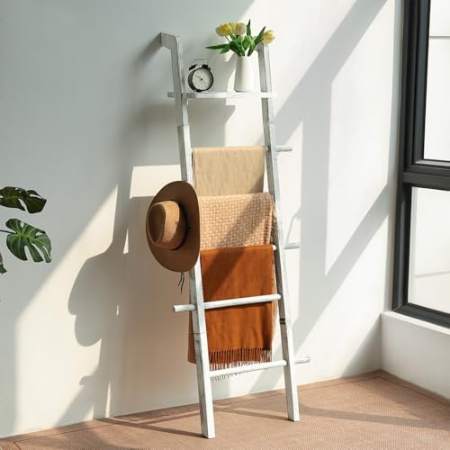 Taozun 67-Inch Farmhouse Blanket Ladder with Shelf and Hooks 5-Tier Wooden Wall Leaning Towel Quilt Rack Holder for Living Room Decor