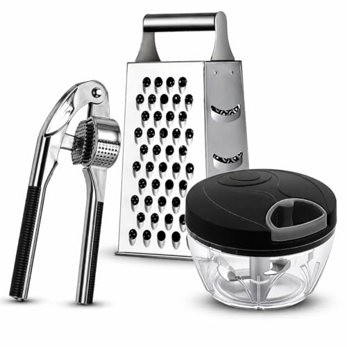 Kit 3 em 1 Processador Manual 500ml, Espremedor de Alho e Ralador Inox, Preparo Rápido de Alimentos Prático e Compacto