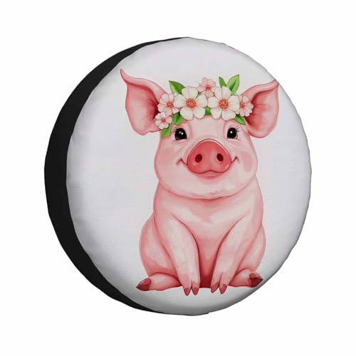 Image of Pink Pig Spare Tire Cover Funny Piglet Wearing Wreath Farm Cartoon Watercolor Animal Weatherproof Universal Wheel Protectors Camper Tire Covers for Trailer Rv Travel(17 inch)