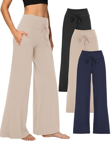 Image of Showitty 1 /3 Pack Women's Wide Leg Pants with Pockets, Casual Loose Pajama Palazzo Trousers Sweatpants for Yoga Lounge