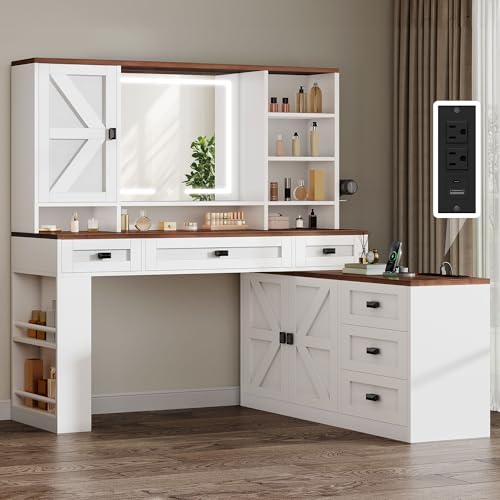 YITAHOME 48'' Farmhouse Makeup Vanity Desk with Mirror and Lights, 68'' 360° Rotation Big Modern Lighted Vanity Table with 6 Drawers & Lots Shelves, Rustic Large Dressing Table, Antique Whit