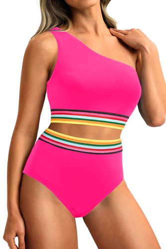 Image of Holipick Women One Shoulder High Waisted Bikini Set Two Piece Tummy Control Swimsuits Full Coverage Bathing Suit