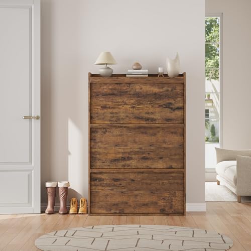GarveeHome Shoe Cabinet with 3 Flip Drawers, Wooden Shoe Organizer with Adjustable Shelf, Shoe Storage for Entryway, Hidden Shoe Cabinet for Hallway, Living Room, Rustic Brown