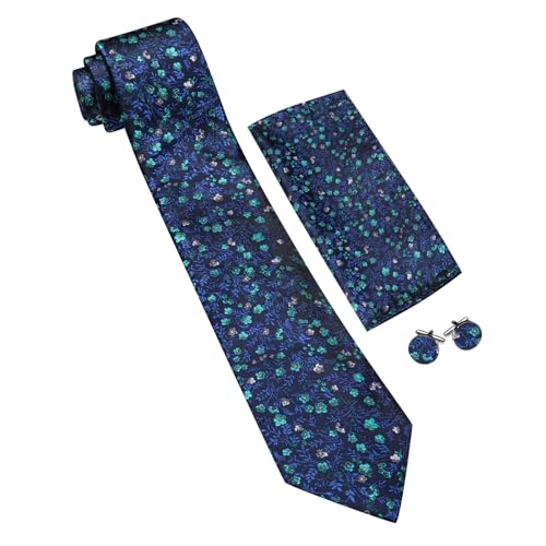 Image of Barry.Wang Flower Ties for Men Silk Woven Floral Tie Sets Necktie Handkerchief Cufflinks Wedding Party