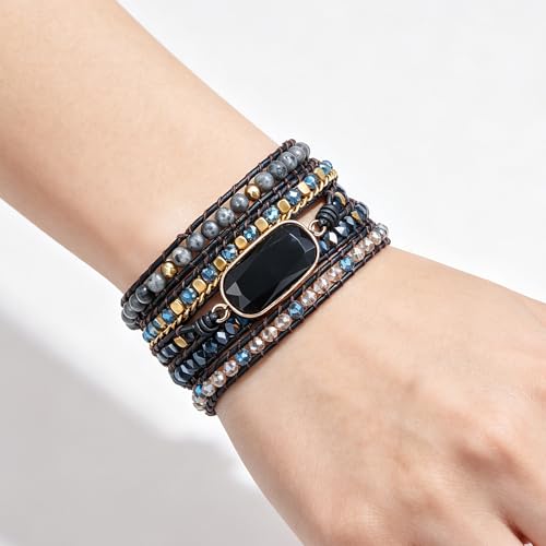Image of Plumiss Women Boho Handmade Natural Stone Crystal Leather Bead Wrap Bracelets Collection