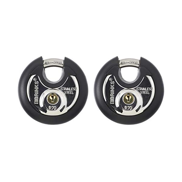 BRINKS Heavy Duty Padlock & Key 2 Pack- 70mm Stainless Steel Keyed Alike Commercial Discus Keyed Lock for Storage Shed, Garage, Locker, Sliding Doors, Cabinets & More Round with Steel Shackle, Black
