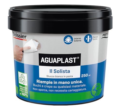 AGUAPLAST Il Solista – Stucco leggero in pasta per riempire buchi, crepe e fughe su muro, gesso, legno – Finitura liscia pronta per pittura – Bianco – 250 ml
