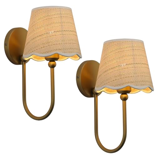 Pathson Hardwired Set of 2 Wall Sconces Boho Rattan Lampshade Vintage Curved Arm Bathroom Vanity Lights Indoor Wall Decor Lamp for Living Room Bedroom Foyer
