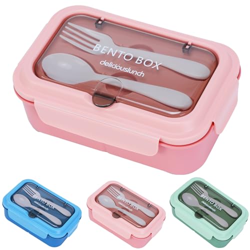 SENBSLAN Lunch Box 1200ml Leakproof Bento Lunch Box Food Container with 3 Compartments and Cutlery BPA Free Containers Suitable for Adults and Kids (Pink)