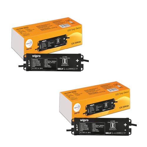Image of wipro 20A 240W LED Strip Light Driver, 12V DC Power Supply with 4kV Surge & 340V Protection | Constant Voltage for Indoor LED Tape | Short-Circuit Protection | Pack of 2