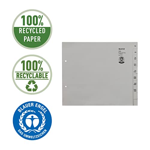 Leitz Register, Trennblätter mit Taben und alphabetischem Aufdruck A-Z für 200 Ordner, Halbe Höhe und Überbreite, Grau, 100% recyceltes Papier, Blauer Engel Siegel, 13540085