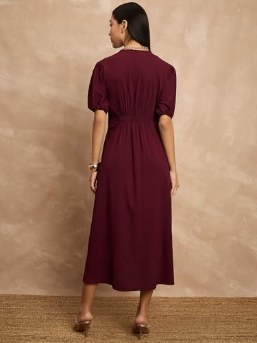 Image of Amazon Brand - INKAST Women A-Line Midi Dress | Puff Sleeves | Perfect for Casual and Semi-Formal Occasions