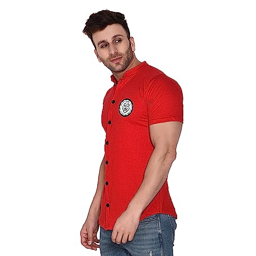 Image of Geum Men's Mandarin Collar Shirt with Graphic Print| Short Sleeve Cotton Blend Slim Fit Casual Shirt for Men