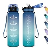 HoneyHolly Botella Agua, 1000 ml sin BPA, Botella de Agua, Prueba de Fugas, Botella con Pajita, Marcador de Tiempo Motivacional, Botella Gym, Cantimplora para Sport, Bicicleta, Gimnasio, Escuela