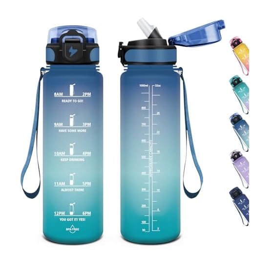 HoneyHolly Botella Agua, 1000 ml sin BPA, Botella de Agua, Prueba de Fugas, Botella con Pajita, Marcador de Tiempo Motivacional, Botella Gym, Cantimplora para Sport, Bicicleta, Gimnasio, Escuela