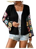 SHENHE Women's Floral Crochet Cardigan Open Front Bell Sleeve Boho Knitwear Sweater Black Medium
