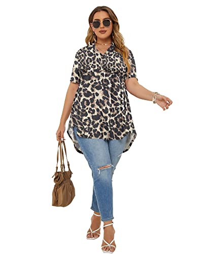 Ploknrd Women's Plus Size Tops Short Sleeve Henley V Neck Button Up Flowy T Shirts Tunic Loose Blouses #TOP3