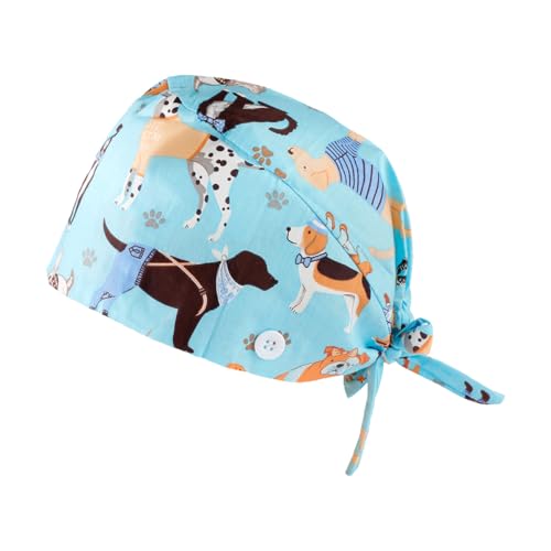 Image of Lotsdonxia Adjustable Puppy Print Scrub Cap, Medical Cotton Turban with Button Ear Relief, Compliant Surgical Hat for Healthcare, Beauty & Chef Work, Machine Washable Unisex Design