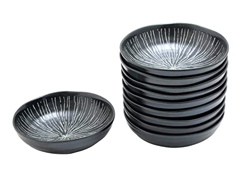 キャッスルエンタープライズ 料理が映える！老舗定食屋のお薦めシリーズ 彫十草 黒 六兵 【浅 鉢】 10個セット サイズ：直径14.8ｃｍ×厚み4.7ｃｍ