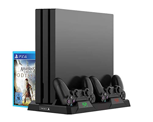 Soporte de ventilador de refrigeración multifunción para PS4 Playstation 4 Original, Pro, Slim - Estación de carga LED de carga para 2 x controladores DualShock - 16 ranuras de almacenamiento en rack