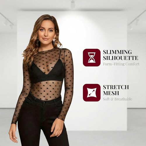 Mesh Oberteil Damen Sexy Oberteil Glitzer Netzoberteil Transparent Bluse Langarm Durchsichtiges Spitzentop Sheer Mesh Bluse für Party Club Festival, Flecken