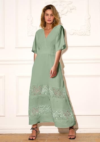 Image of Olaesa Boho Maxi Dress V Neck Short Sleeve Lace Smocked Waist Flowy Dress | Wedding Guest Dress with Pockets, Summer Bohemian Vacation Dress, Elegant Party Dress for Family photo& Baby Shower