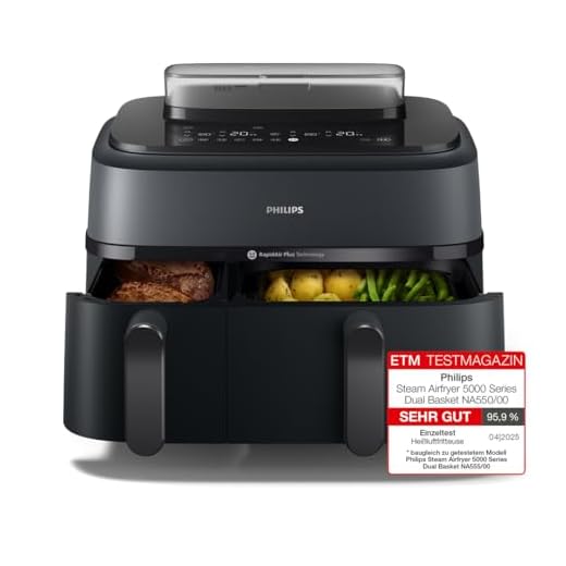 Philips Steam Airfryer 5000 Series Dual Basket - Airfryer & Dampfgarer in einem Gerät, 9L, RapidAir Plus Technologie, 19 Kochfunktionen, 90% weniger Fett, 2 Körbe, Dampfreinigung (NA550/00)