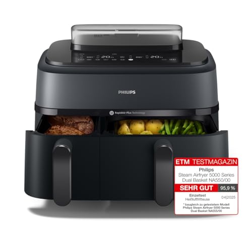 23% off - Philips Steam Airfryer 5000 Series Dual Basket Hei&szlig;luftfritteuse mit Dampfgar-Funktion & 2 K&ouml;rben &ndash; Steam, Airfry, SteamFry, 9L (3L+6L), RapidAir Plus, automatische Dampfreinigung (NA550/00)
