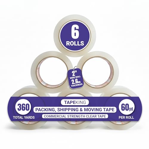 Tape King Cinta de embalaje extra silenciosa, paquete de 6 rollos, 55 m por rollo, 48 mm de ancho, 2.6 mil de grosor, cinta de embalaje resistente de bajo ruido para sellar paquetes en entornos de