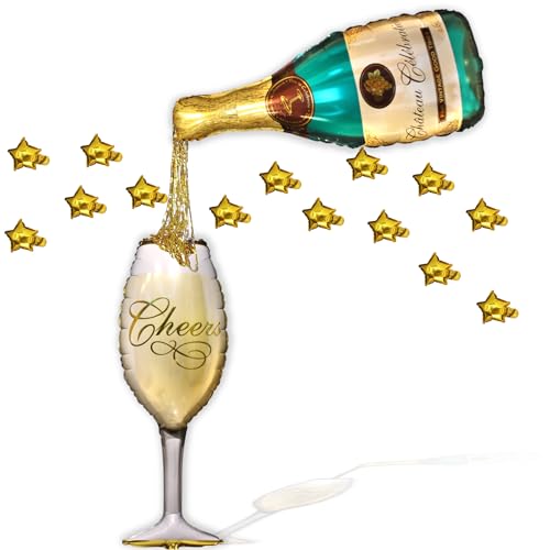 Decoração de festa para eventos especiais. Garrafa e taça champanhe gigantes insufláveis. Balões de estrelas douradas. Despedidas de solteiro, aniversário, aniversários, celebrações