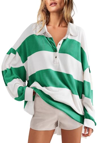 Senserise SR 177498 Womens Striped Shirt Oversized Long Sleeve Color Block Tops Casual V Neck Polo Shirts Pullover Fall Clothes cover