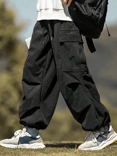 SOLY HUX Men's Drawstring Cargo Pants Elastic Waist Flap Pocket Corduroy Baggy Pants Streetwear3