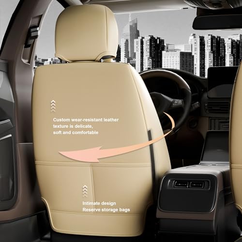 ASLONG 5PCS H7 Front and Back Car Seat Covers Auto Interior Accessories with Water Proof Nappa Leather for Cars SUV Pick-up Truck Universal Comfortable and Breathable (Full Set, Black&Beige) - Image 3