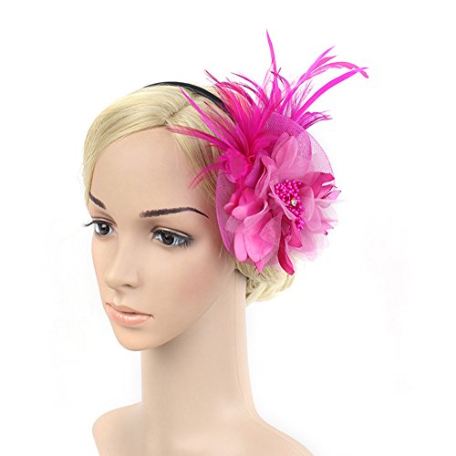 Fascinators Hat for Women Tea Party Headband Kentucky Derby Wedding Flower Mesh Feathers Hair Clip 20s Flapper Headpiece (A6-Rose Red)