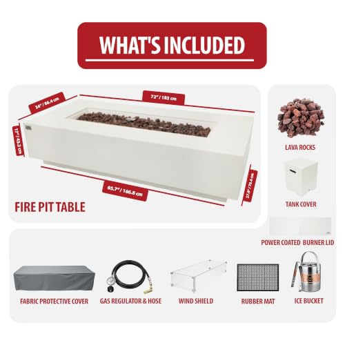 Image of AMS Creations | Savanah 72 inch Bundle Rectangular Cast Concrete Propane Gas Fire Pit Table | Cream White | Smooth Texture Surface | Electronic Ignition | Outdoor Patio Heater Outside Backyard Fireplace