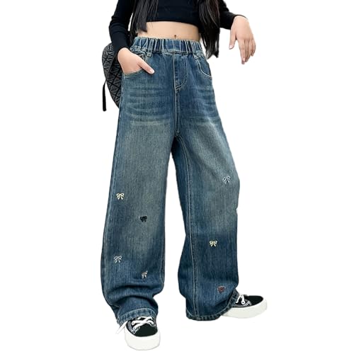 Girls Baggy Wide Leg Jeans, 5 Pockets Bow Embroidered Denim Pants, Tweens Elastic Waist Cat's Whisker Jeans2