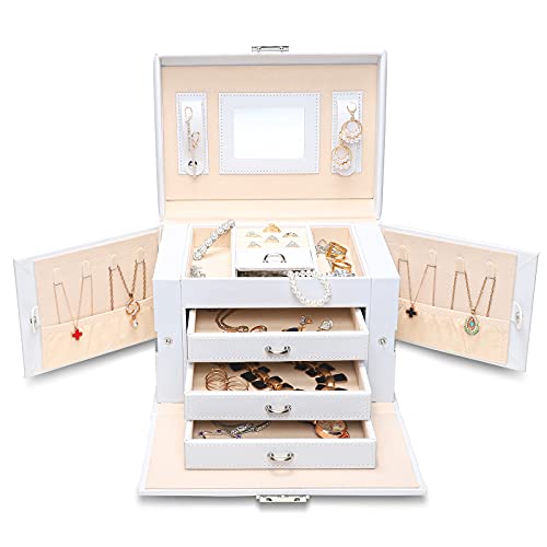 Homde Jewelry Box Necklace Ring Storage Organizer Synthetic Leather Large Jewel Cabinet Gift Case (White) - Thumbnail 2