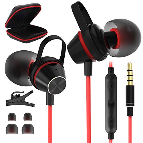 3.5mm Headphone Earphones Earbuds + Carrying Case, Jelanry Hi-Fi Stereo Wired Sports Earbuds Magnetic Bass 3.5mm Headset with Mic + Volume Control for Samsung A71 A72 A51 A52, Moto E6, Oneplus 6 Red