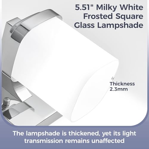 Image of 10 Inches Bathroom Vanity Light, 2-Light Chrome Bathroom Light Fixtures Over Mirror, Bathroom Light Shower Lamp with Milky White Square Glass Shade, Modern Farmhouse Lighting Fixtures