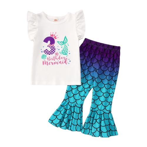 IZYJOY Birthday Mermaid Outfit Toddler Baby Girl 1st 2nd 3rd 4th 5th Ruffle Sleeve Romper Top Flared Pant Set Summer Clothes