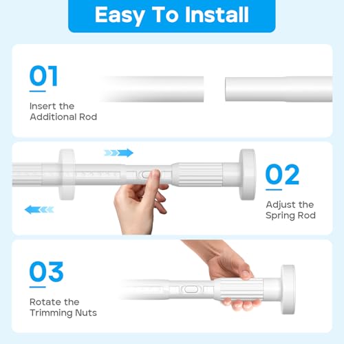 Image of Tension Curtain Rod White Shower Rod 40-103IN Long Curtain Rods No Drilling Adjustable Tension Rods of Shower or Bathroom Outdoor Window Patio Diameter 1.26In