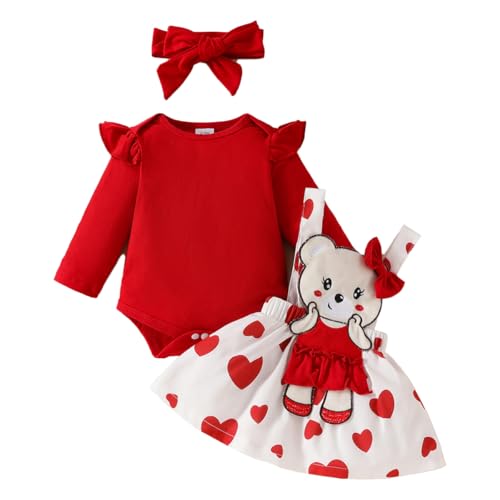 LUVCES Vetement Bebe Fille Manches Longue à Volants Hauts + Ours de Dessin Animé mignon Imprimé d'amour Salopette Jupe À Bretelles Vêtements Tenues...